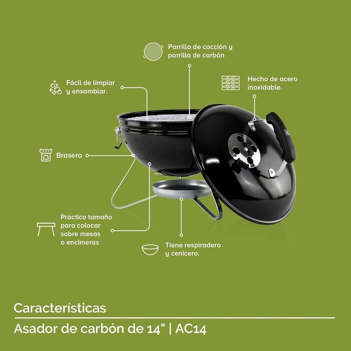 Asador de Carbón de 14 Pulgadas Acero Inoxidable- Avera