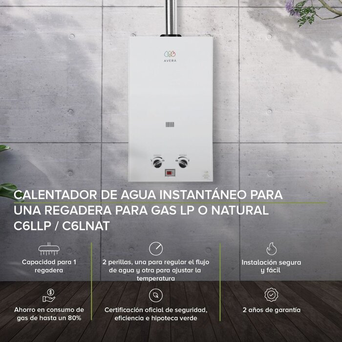 Calentador de Agua Instantáneo 6 Lt. Gas Natural Avera C6LNAT