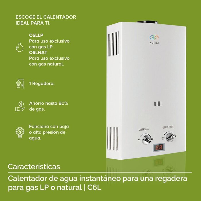 Calentador de Agua Instantáneo 6 Lt. Gas LP Avera C6L